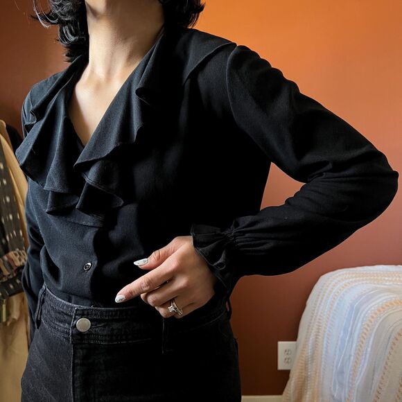 Vintage black ruffle v neck long sleeve blouse Medium - Picture 1 of 9